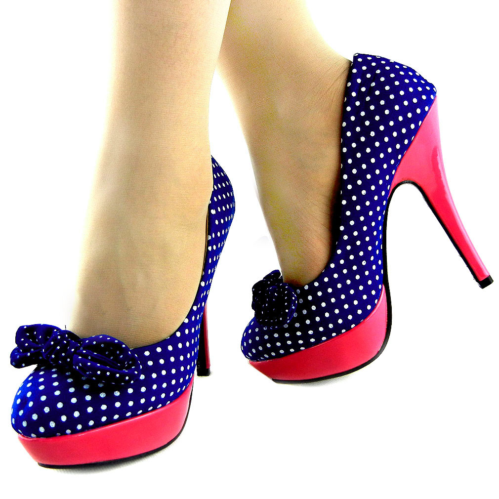 Ladies Polka Dots Bow EVE Platform Stiletto High Heels Court Shoes UK