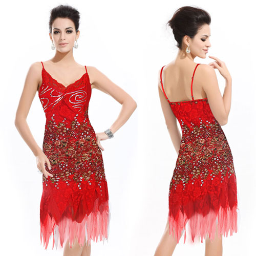 Bridesmaid Sequined Red Lace V neck Short Holiday Party Dresses 