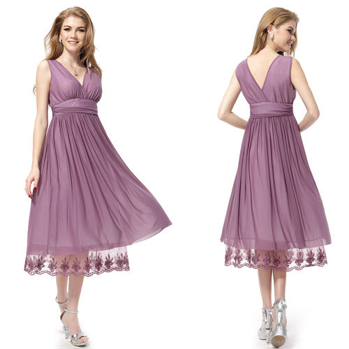 Plunging V neck Purple Ruched Mesh Empire Waist Cocktail Dress 0279BPP 