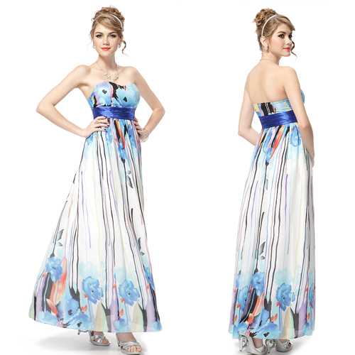   Printed Padded Empire Waist Chiffon Blues Prom Gown 09704 US Size 10