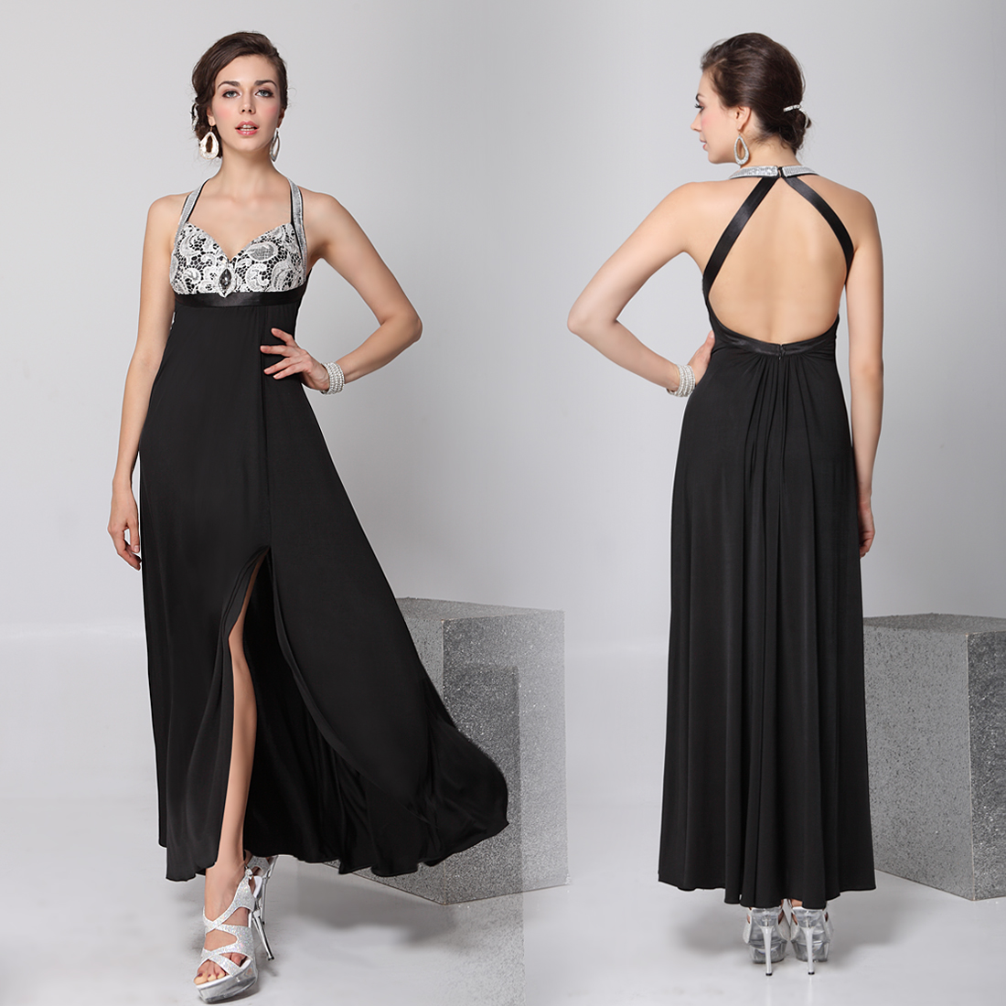 Halter Sexy V-neck High Stretch Formal Long Black Evening Dress 09814 ...