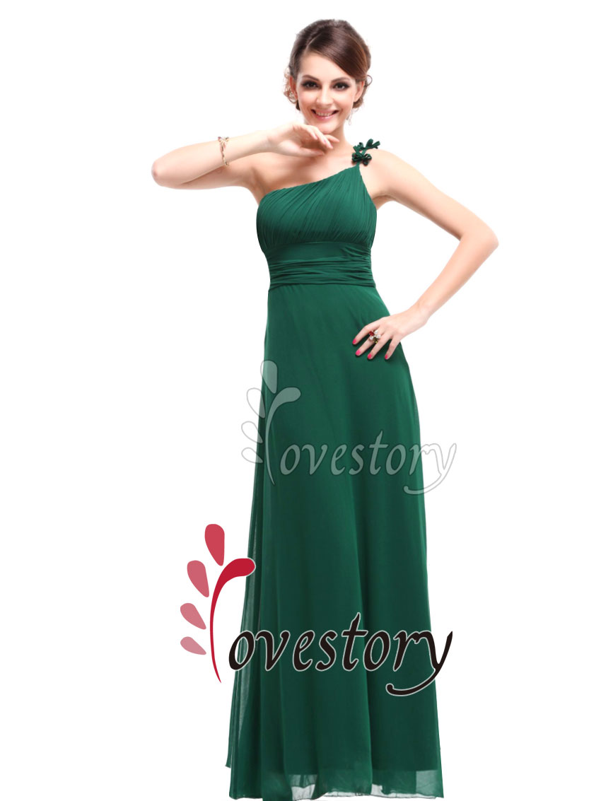 Green Chiffon One Shoulder Ruffles Padded Flower Evening Gown 09596 US 