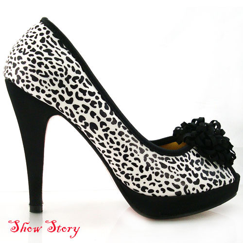 New Black White Leopard Print Platform Pumps US Size 4  