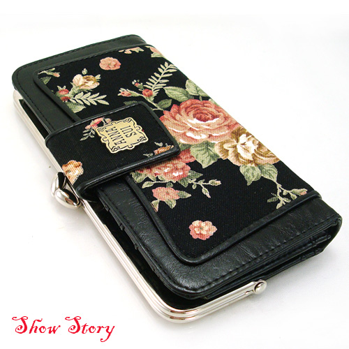 Lovely Womens Vintage Black Flower Pattern Wallet/Purse  